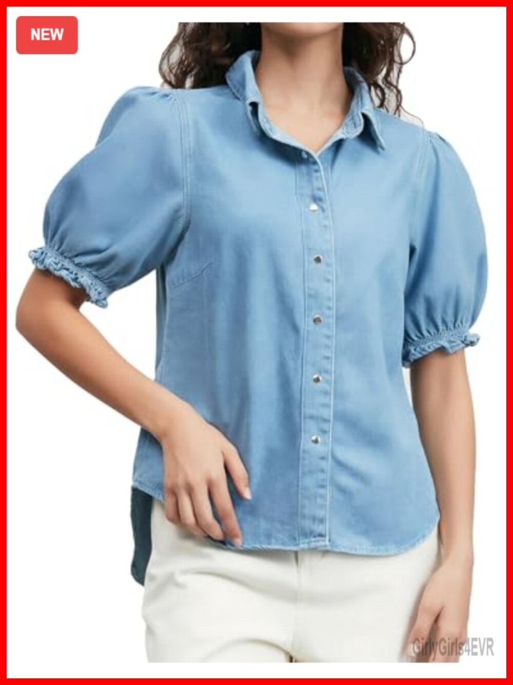 Womens Denim Button Down Shirt Puff Sleeve V Neck Babydoll Jean Top